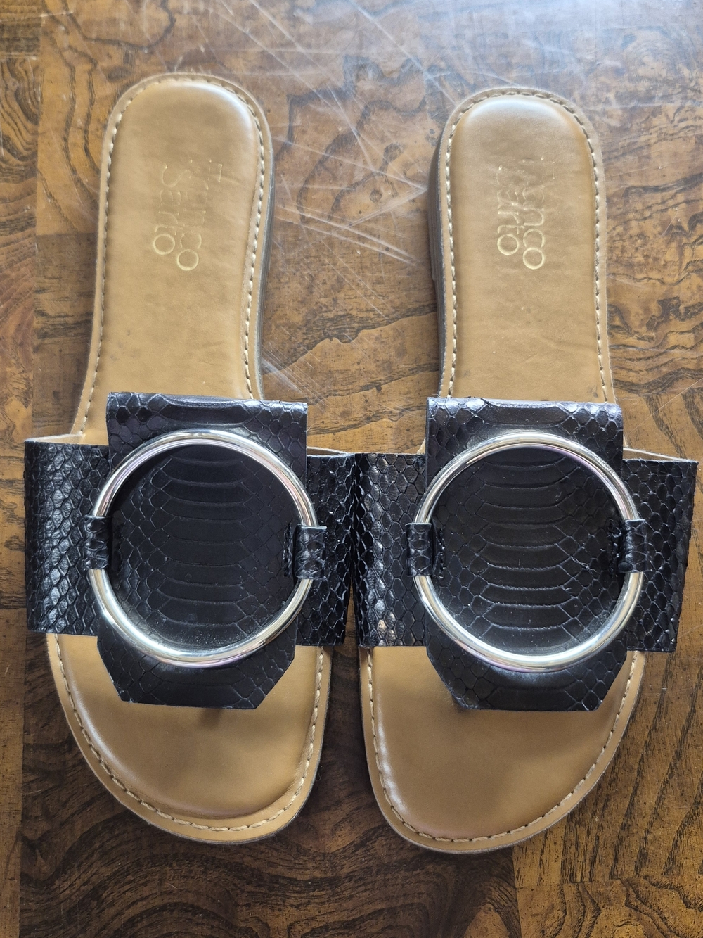 Franco Sarto Black Snakeskin-Texture Slide Sandals with Silver Ring